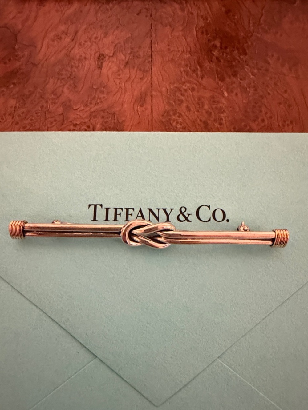 Tiffany & Co. Vintage Sterling Knot Bar Pin with Gold detail.